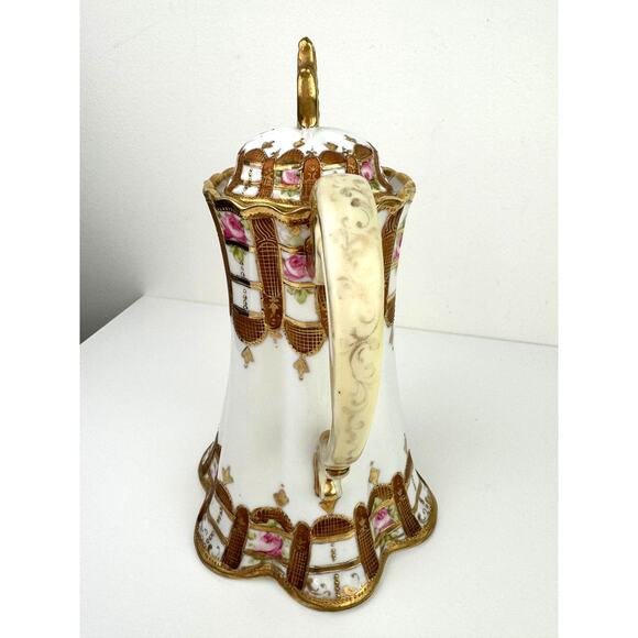NIPON Porcelain Hand-Painted Chocolate Pot Pink Rose Gold Raised Beaded Gilt VTG - Picture 6 of 13